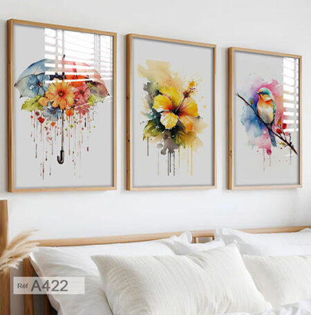 Tableaux décoratifs aquarelle, fleurs et oiseaux, pour un salon moderne et une chambre à coucher à Tanger