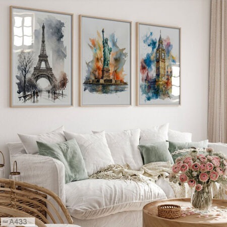 Tableaux Triptyques verticals décoratifs aquarelle des monuments emblématiques : Tour Eiffel à Paris, Londres & statue de liberté New York, vendu au Maroc depuis Casablanca
