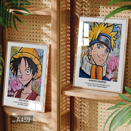 Affiche murale dessin animé, design Wanted One Piece & Naruto Uzumaki, décoration murale originale à vendre au Maroc.