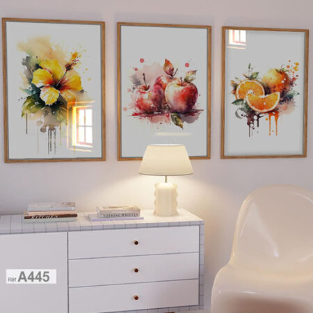 Trois tableaux abstraits aquarelle aux fruits et oranges, décor murale élégante pour cuisine et salle de thé ديكور مقهى أو مطبخ أو مطعم