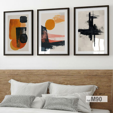 Trois tableaux d'art abstraites, teintes orange et noire, coups de pinceau dynamiques, idéales pour chambre ou salon