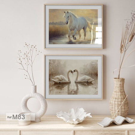 Tableaux d'art décoratif, cygnes et cheval blanc en paysage, pour chambre et salon Marocain, décoration murale romantique تبلوهات ديكور