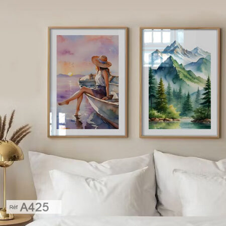 Tableaux : scène estivale avec fille & bateau, tableau vitré élégant, Idées d'art mural paysage montagne avec cadre