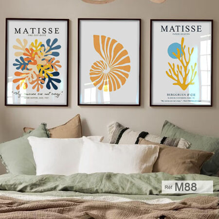 Trois œuvres modernes, teintes jaunes inspirées de Matisse minimaliste, avec cadre, disponibles à la vente au Maroc