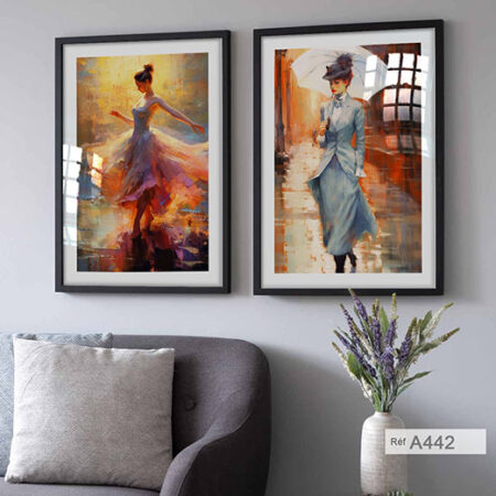 Peintures artistiques abstraites de femme élégante avec robe, incarnant mode & beauté, cadre sous verre au Maroc.