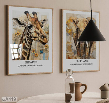 disponibles à la vente depuis Casablanca, Tableaux modernes d'animaux de la savane africaine, éléphant et girafe