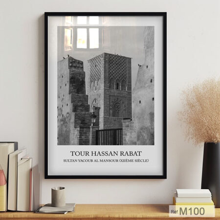 Tour Hassan Rabat, histoire & architecture islamique, art décoratif unique dans un tableau mural noir & blanc