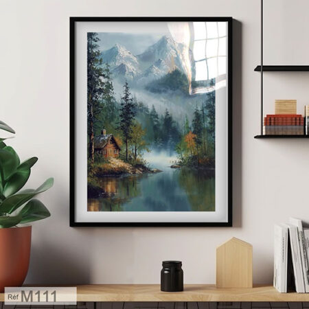 Tableau mural décoratif représentant une cabane au bord d’un lac avec vue sur les montagnes, disponible à l’achat au Maroc - grande & moyenne taille