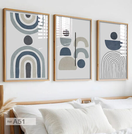 trois tableaux artistiques, style boho aux teintes bleu, boutique au maroc, décoration de chambres adultes et enfants