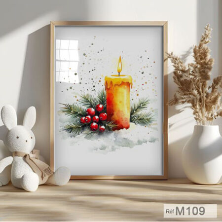 Tableau décoratif aquarelle représentant une bougie de Noël, un sapin et des baies rouges, parfait pour les fêtes.