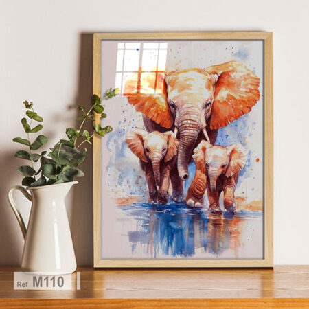 Tableau mural décoratif : peinture à l'aquarelle d'éléphants dans la savane africaine, pour une ambiance naturelle, vente au Maroc