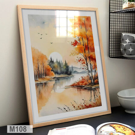 Tableau décoratif en aquarelle, représentant un paysage automnal au coucher du soleil avec des couleurs éclatantes.