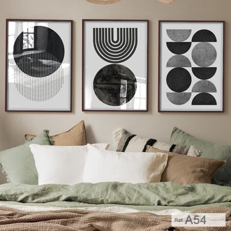 Tableaux Triptyques verticals décoratifs pour chambre et salon, style géométrique scandinave en noir et blanc, wall decor au Maroc