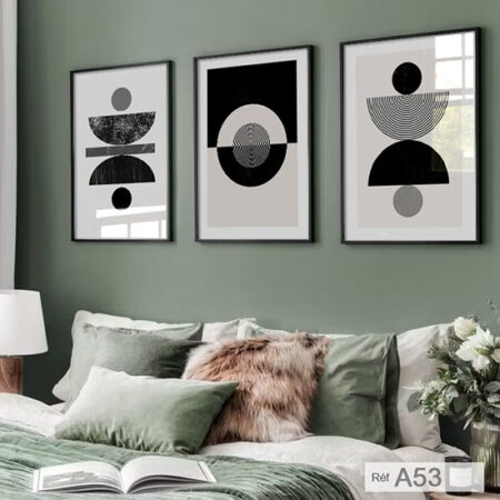 Affiche et Cadres décoratifs pour chambre et salon, style géométrique scandinave en noir et blanc, wall decor au Maroc