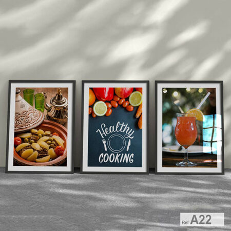 Trois tableaux décoratifs pour cuisine et restaurant au Maroc, représentant un tajine, des légumes et des jus frais, vente depuis Casablanca