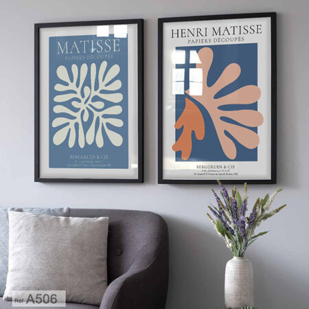 Tableau d'art Moderne Matisse, Décoration murale maison et bureau, couleurs bleu & orange pastel encadré au Maroc