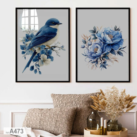 Deux Tableaux d'art d'oiseaux , Décoration murale nature & poétique bouquet de fleurs bleus on wall for living room, vente à Casablanca - Maroc