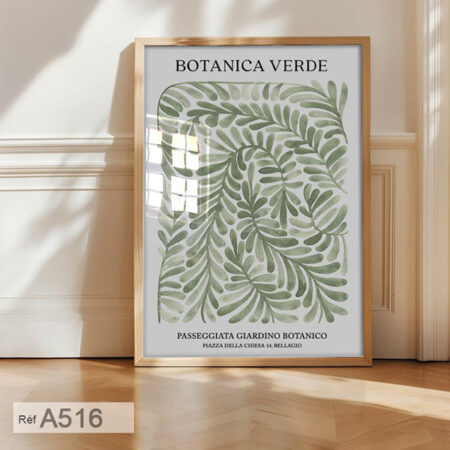 Affiche botanique, feuilles arbre & nuances de vert, Tableau décoratif et cadre en bois clair