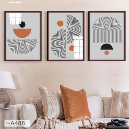 Trois tableaux encadrés design abstrait minimaliste motifs géométriques , panneaux verticals, chambres à coucher et séjours.