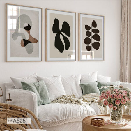 Trois Affiches Encadrées Abstraites Scandinave au-dessus du Canapé, Déco Murale Tendance, tableaux monochrome noir et gris