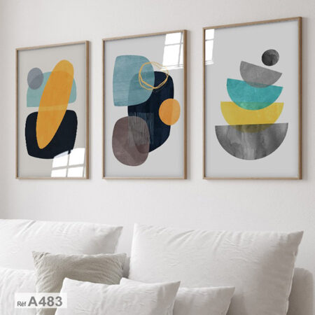Trois panneaux décoratifs verticals, formes bleu marine, marron et jaune, Triptyques pour chambres & Salon moderne Marocain, achat au Maroc