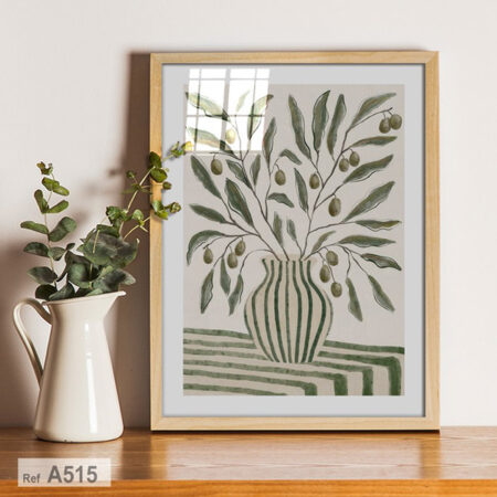Tableau moderne minimaliste, bouquet de branches d'olivier, feuilles vertes & vase sur Table de chevet, lignes simples & couleurs douces au Maroc