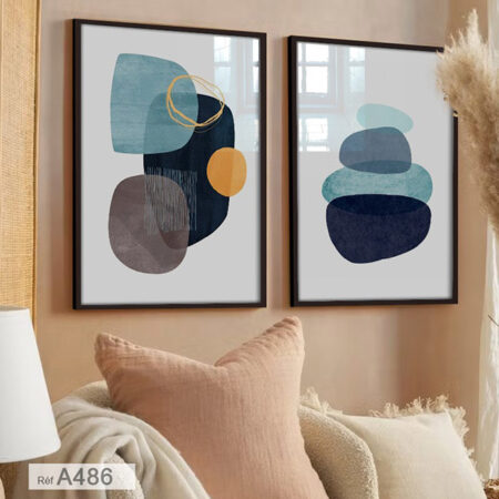 Deux Tableaux décoration intérieure contemporain, formes abstraites en couleurs douces, salon & chambre bureau, impressions haute qualité