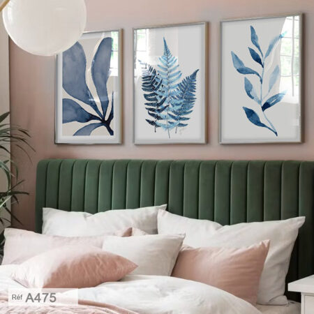 Trois d'impressions d'art botanique bleu - Trio Tableaux décoration murale contemporaine - chambre à coucher & salon moderne.
