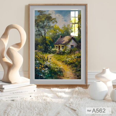 Tableau avec cadre décoration mural chambers, Peinture de paysage d'Automne : Maison à la Campagne & Forêt verte en vente au Maroc