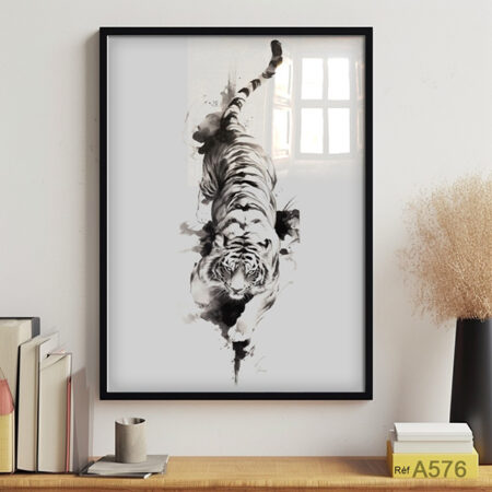 Illustration Tigre Noir Blanc, Art Mural Animal Sauvage dessin abstrait, Tableau décoratif sous vitre au Maroc