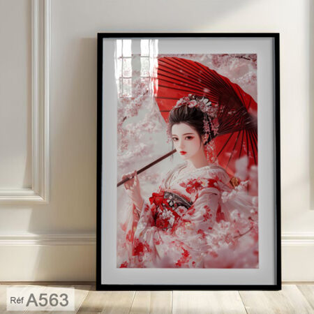 Tableau mural japonais zen - Femme en kimono avec ombrelle rouge | Art asiatique, encadrement & vente au Maroc