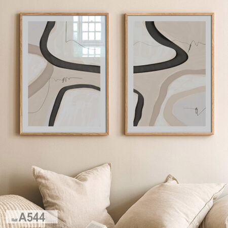 Tableaux symétriques formes organiques moderne, lignes fluides noir, beige & gris clair calme, Idéal pour salon et chambre à coucher. Livraison rapide vers Tanger, Casablanca, Rabat