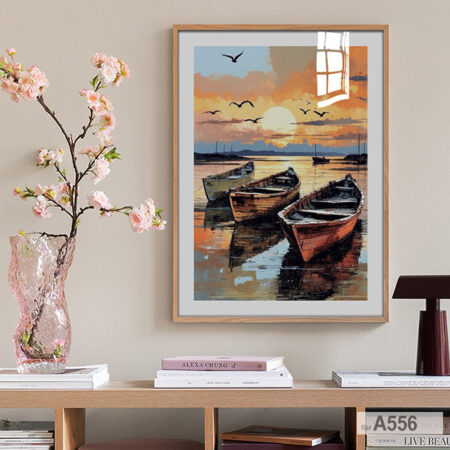 Tableau décoratif Essaouira, Paysage marin au coucher du soleil & barques en bois,  décor chambre