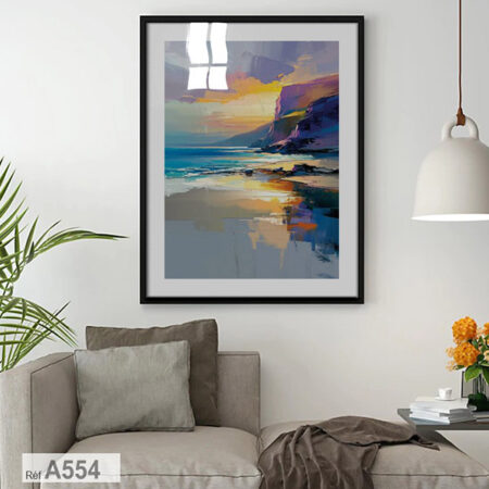 Tableau de peinture abstrait moderne, Décoration chambre et salon, paysage bleu & coucher de soleil orange - achat en ligne au Maroc.