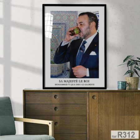 Portrait SM Roi Mohamed 6 buvant thé Marocain, Tableau décoratif الملك المغربي يشرب الشاي
