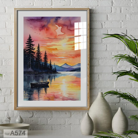 Tableau décoratif sous vitre : Paysage Aquarelle scandinave Romantique - Coucher de Soleil Lac لوحة منظر طبيعي غروب الشمس