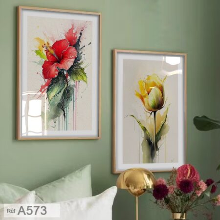 Deux Tableaux encadré Fleurs Aquarelle, Hibiscus & Tulipe - Décoration Murale Florale لوحة زهور الربيع