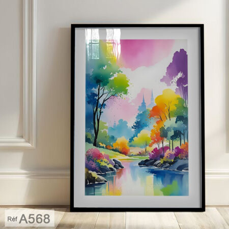 Déco Murale Forêt en Couleurs vives, Tableau Mural, Paysage Coloré Aquarelle au Maroc - cadre en bois vitré