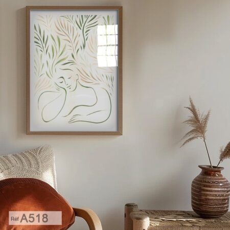 Décoration Murale Artistique, Visage belle femme et feuilles de plantes , tableau chambre à coucher, salon ou cabinet avec des lignes simples verts