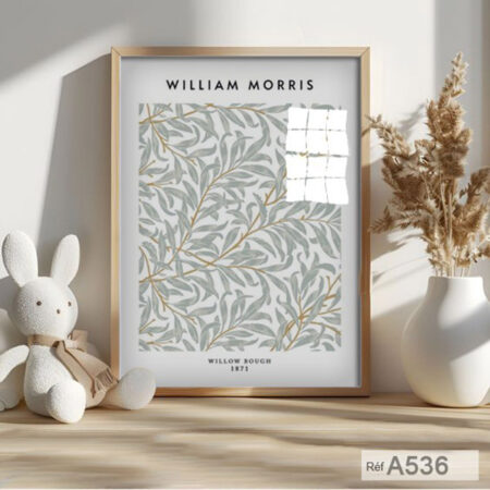 Tableau décoratif: Motif branche & feuillage gris bleu & beige sur fond blanc William Morris