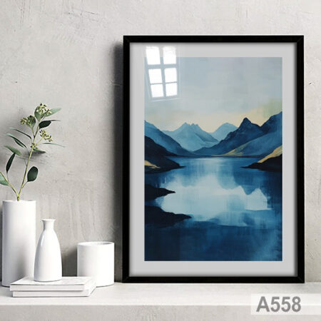 Tableau decoration: peinture Lac bleu calme entouré de Paysage Montagnes zen, vente au Maroc