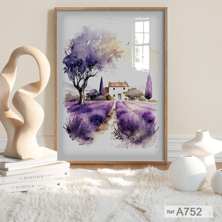 Tableaux décoratif Aquarelle: champ de lavande maison rurale et cyprès - Paysage naturel violet à la Campagne
