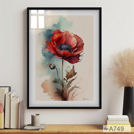 Tableau Aquarelle de coquelicot rouge abstraite, décoration murals florale printemps pour salon et chambres sous cadre et verre