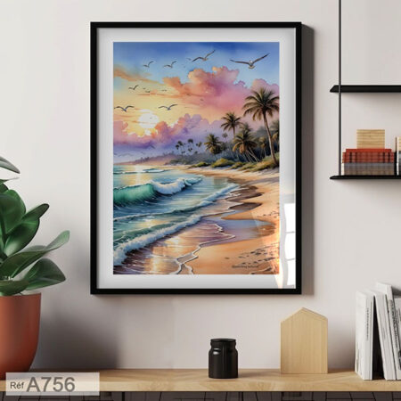 Tableau et cadre Exotique, décor murale Plage Coucher Soleil & palmier Tropical - impression d'art au Maroc Casablanca لوحة أمواج البحر