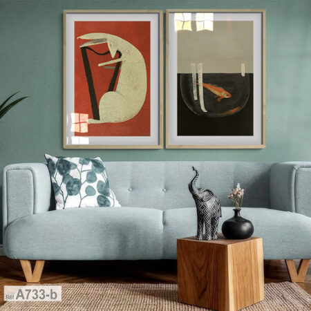 Peinture lapin et poisson : Paire de tableaux décoratif abstrait contemporain salon et chambres