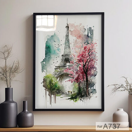 La Tour Eiffel : Peinture romantique de Paris au printemps - Tableau décoratif Aquarelle encadre sous vitre - vente en ligne à Casablanca - Maroc