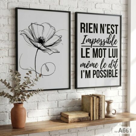 Tableaux d'Affiches Décoratives : Fleur Minimaliste & Citation Motivante "Rien n'est Impossible" décoration murale moderne, scandinave ou minimaliste dans un salon ou un bureau