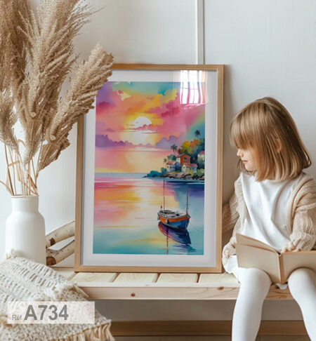 Paysage marin : Coucher de soleil tropical & île paradisiaque, tableau décoratif coloré à vendre depuis Casablanca - Maroc