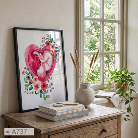 Tableau illustration aquarelle bébé en utérus, Poster décoration salle, bureau & cabinet Obstétricien Gynécologue moderne