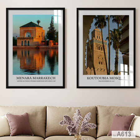 Affiches tourisme & Histoire du Maroc, deux Tableaux décoratifs photo mosquée koutoubia & Menara Marrakech en couleurs